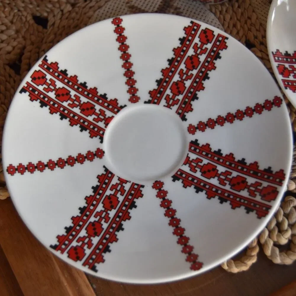Vintage Alboth Kaiser Bavaria Tea Cups Saucers Set 4 Folk Art Red Black MCM
